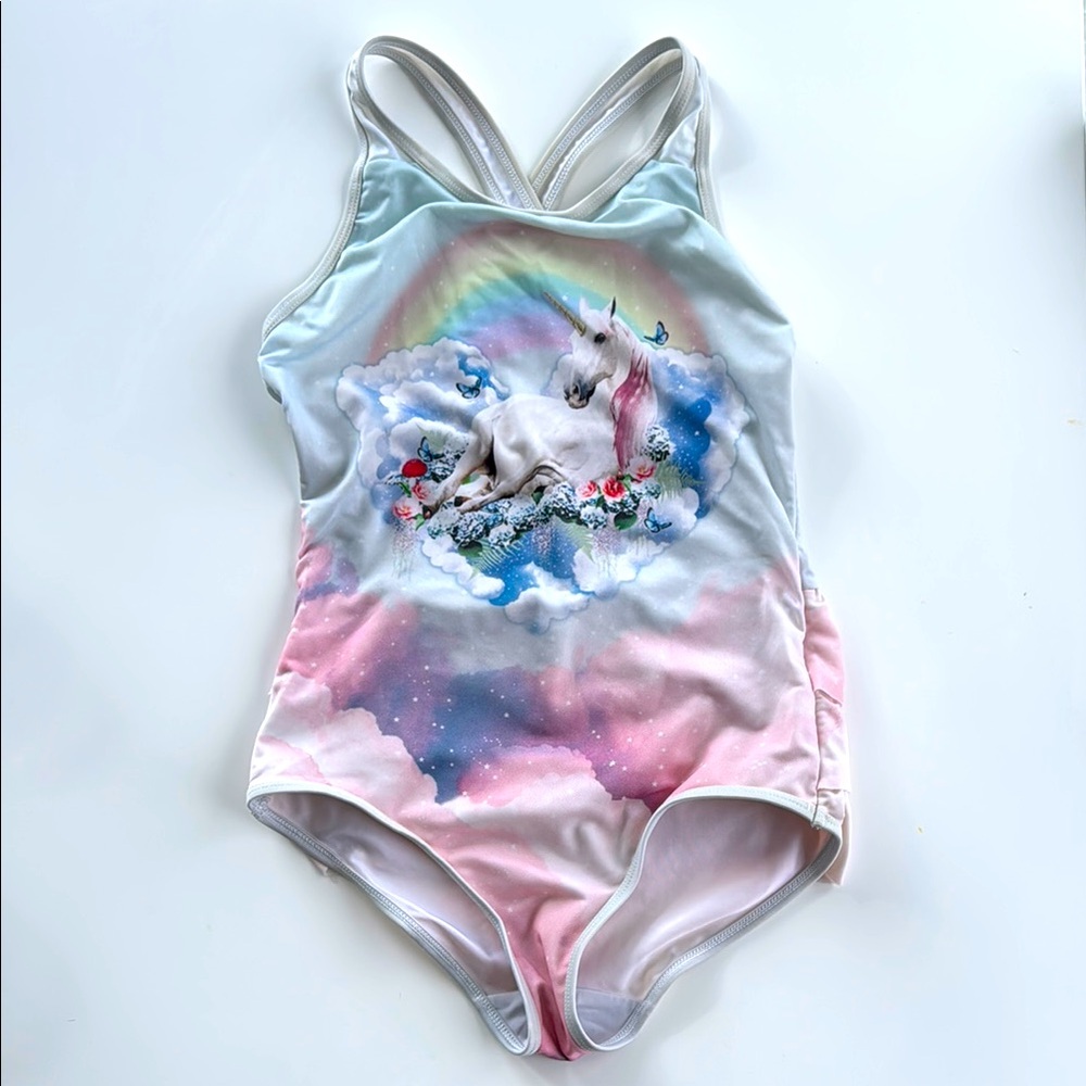 🌈🦄PAPER WINGS Unicorn Rainbow Swimsuit, ruffled back, size 10